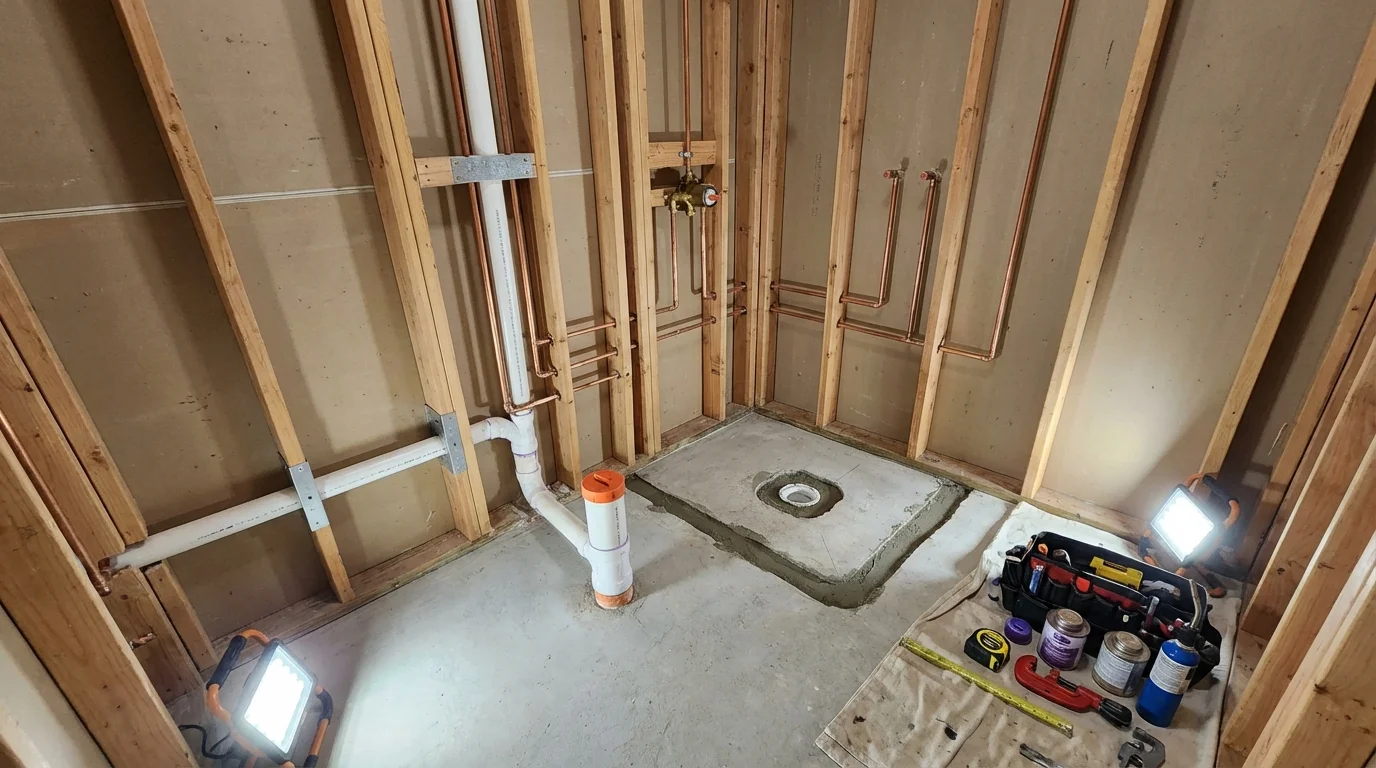 Bathroom rough-in plumbing during remodel by Johns Plumbing LLC in Mound Bayou