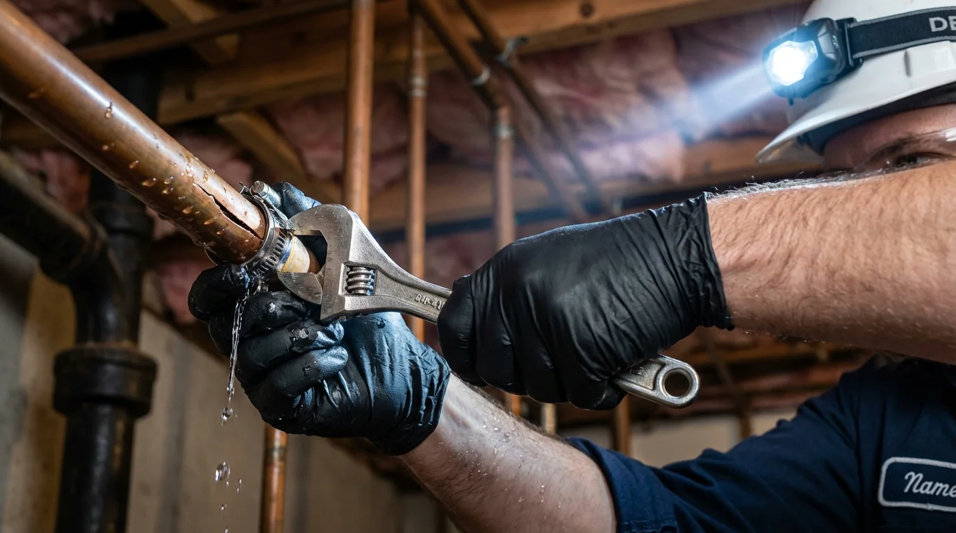 Emergency pipe clamp repair being performed by a Johns Plumbing LLC plumber in Mound Bayou