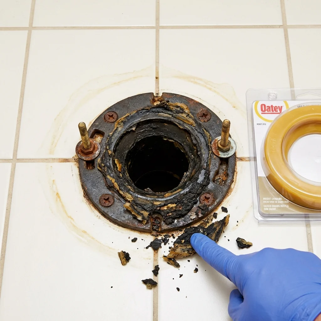 Failed wax ring showing water seepage at the base of a toilet in a Mound Bayou, MS home