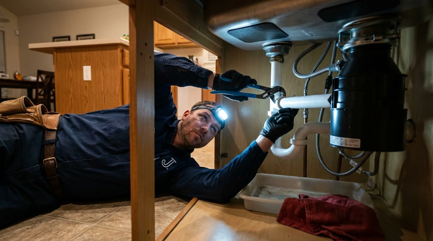 P-trap and supply line connections under a kitchen sink showing a common leak point in Mound Bayou, MS